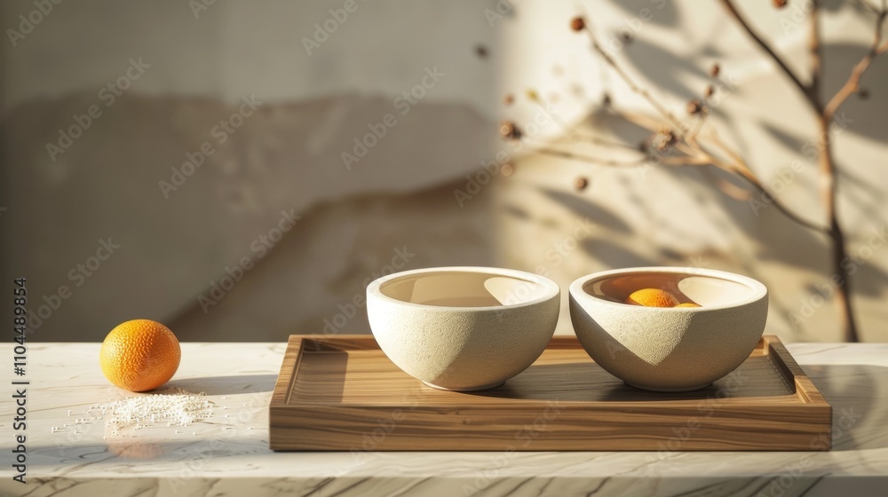 Minimalistic ceramic bowls with orange fruit on a wooden tray Minimalistic ceramic bowls with orange fruit on a wooden tray