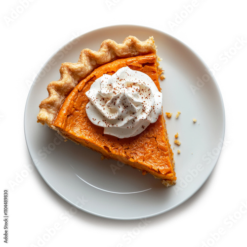 Plate with piece of fresh delicious homemade pumpkin pie on white background, top view.