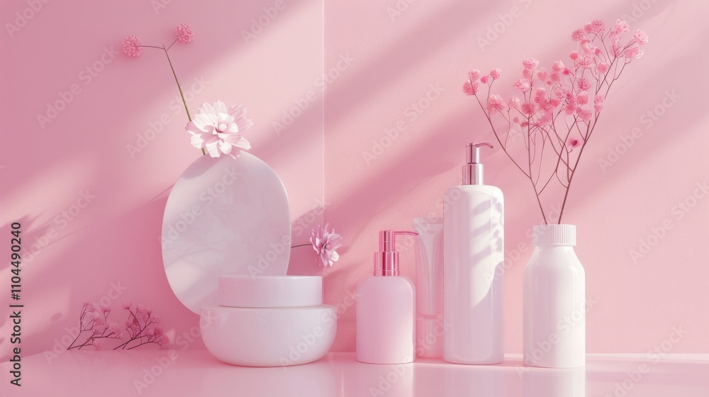 Soft pink cosmetic bottles and flowers in a pastel setup Soft pink cosmetic bottles and flowers in a pastel setup