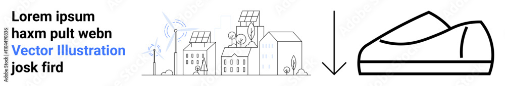 Sustainable cityscape with solar panels, wind turbines, and eco-friendly buildings. Adjacent minimalist shoe sketch. Ideal for sustainability, renewable energy, eco-friendly design, urban planning Sustainable cityscape with solar panels, wind turbines, and eco-friendly buildings. Adjacent minimalist shoe sketch. Ideal for sustainability, renewable energy, eco-friendly design, urban planning
