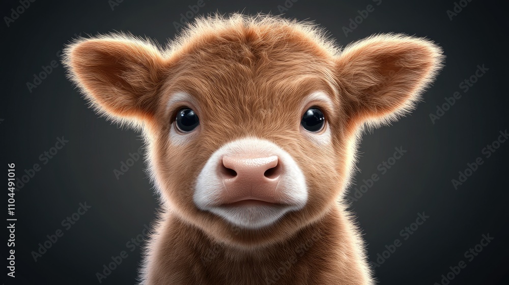 Fototapeta premium Close-up of a black baby bull with expressive eyes and a soft, shiny coat, set against a deep black background highlighting its cuteness