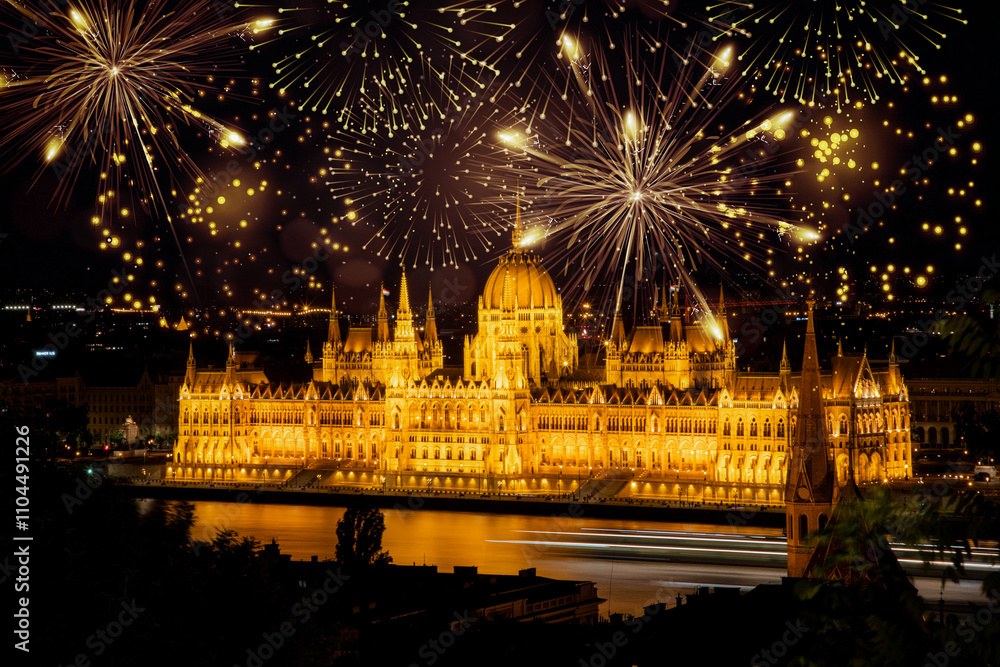 Fototapeta premium fireworks display over Budapest happy new year