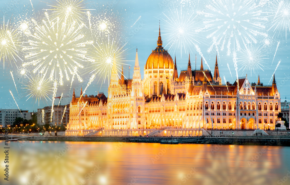 Fototapeta premium fireworks display over Budapest happy new year