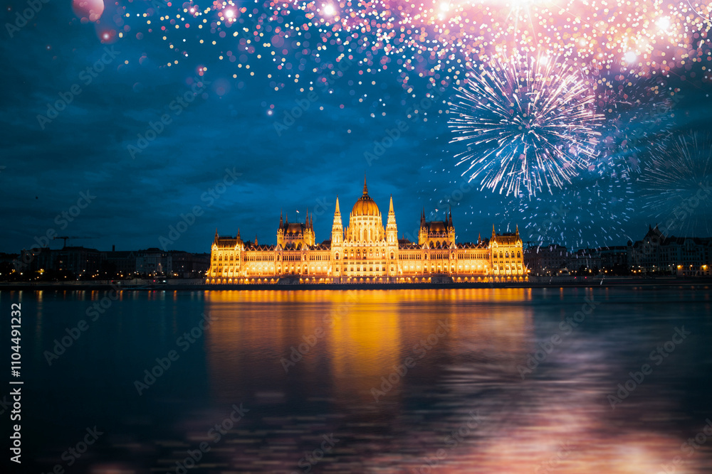 Fototapeta premium fireworks display over Budapest happy new year