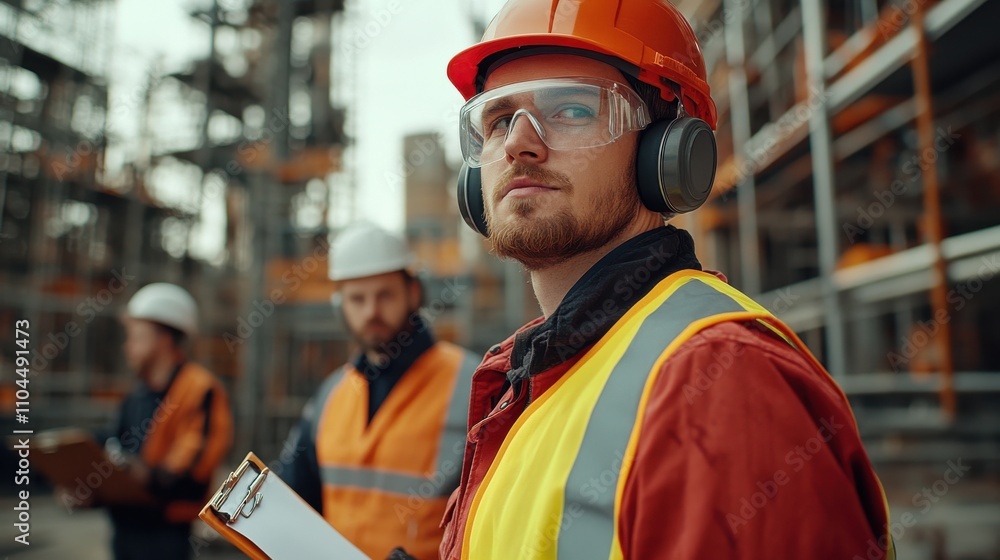 Obraz premium A group of construction workers on site, dressed in safety gear, including helmets and vests, focused on their tasks amidst an active construction environment, showcasing teamwork and dedication.