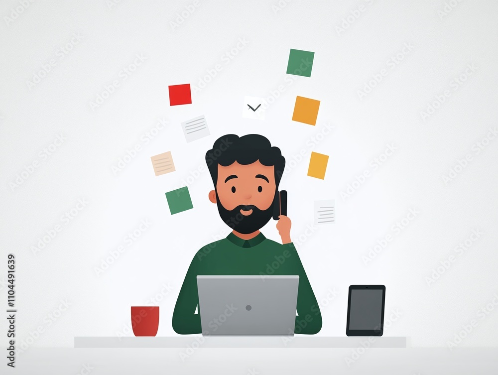 Man in green shirt, multitasking at desk with laptop, talking on phone, floating papers and documents, minimalistic illustration, modern workspace, isolated design
Man in green shirt, multitasking at desk with laptop, talking on phone, floating papers and documents, minimalistic illustration, modern workspace, isolated design