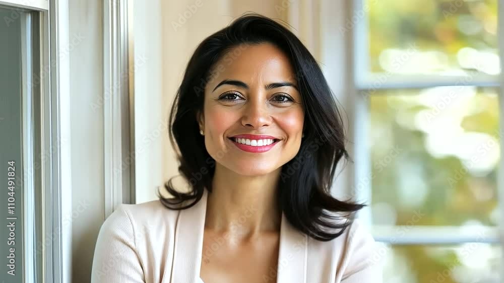Cheerful Latin Woman Daydreaming by Bright Window Cheerful Latin Woman Daydreaming by Bright Window