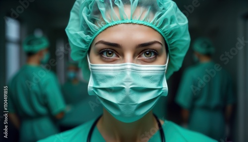 Female doctor in surgery room wears cap and mask. Medical staff in teal scrubs. Healthcare professional ready for operation. Focus on serious work. Hospital scene.