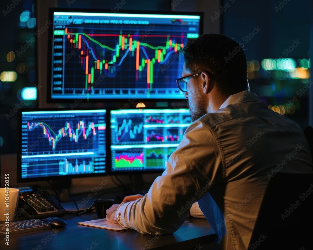 A focused male trader in glasses analyzes stock market data on multiple screens during the night. A focused male trader in glasses analyzes stock market data on multiple screens during the night.
