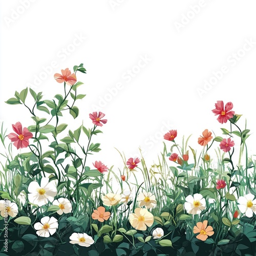 Flower border design. Colorful flowers, plants create natural meadow scene. Floral design for nature, eco themed products. Vivid colors. Nature art background. Ideal for eco friendly projects. photo