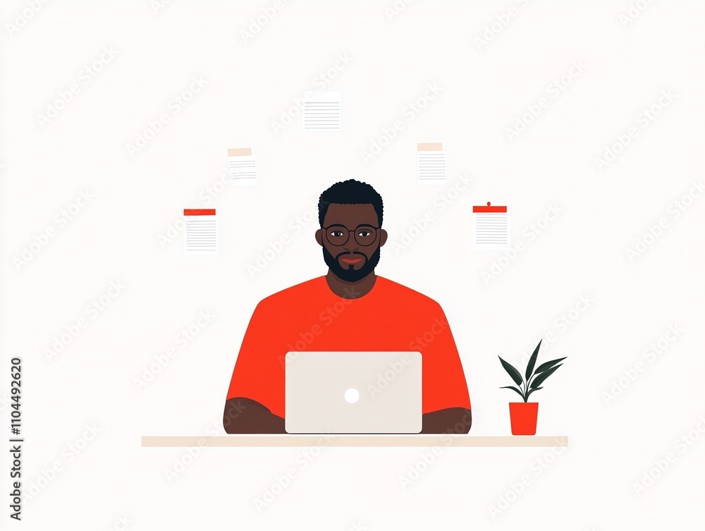 Illustration of a man with glasses and beard wearing a red shirt, working on a laptop, green plant on desk, minimalist white background, professional workspace concept
Illustration of a man with glasses and beard wearing a red shirt, working on a laptop, green plant on desk, minimalist white background, professional workspace concept