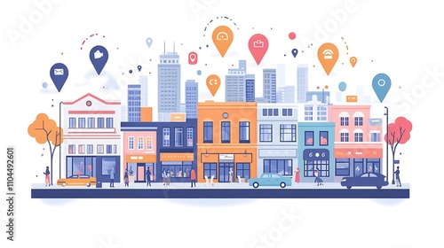 A flat illustration of an urban cityscape background
