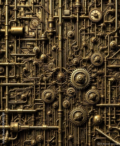 Wallpaper Mural Intricate Steampunk Gear Mechanism on Wall, Golden Pipes Network Close-up Torontodigital.ca