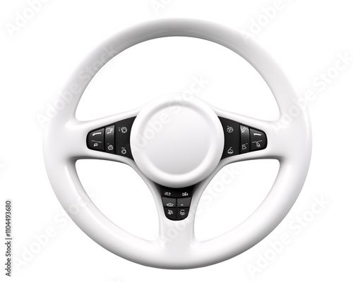 a white steering wheel with black buttons