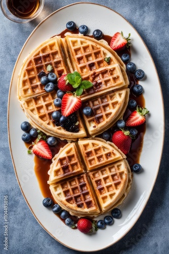 Golden waffles topped with luscious berries and syrup. Inviting colors and textures evoke warmth, perfect for promoting breakfast items and dessert options in culinary settings.