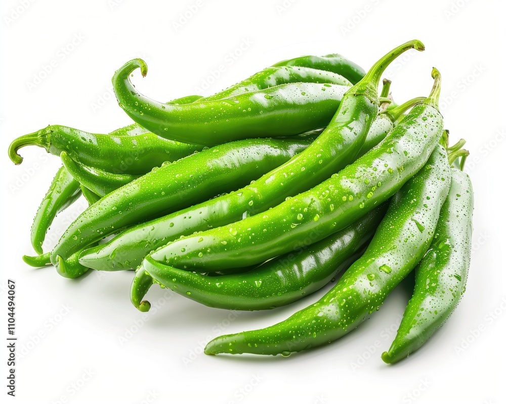 A vibrant pile of fresh green chili peppers glistening with droplets of water. A vibrant pile of fresh green chili peppers glistening with droplets of water.