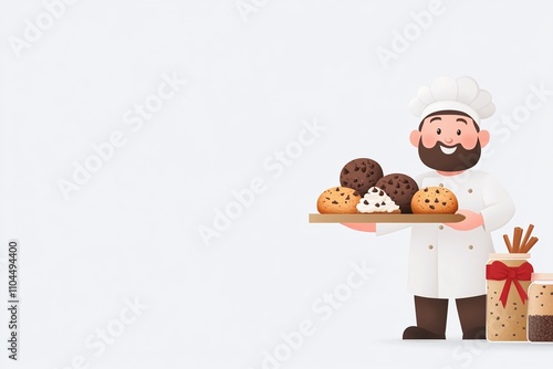 Smiling cartoon chef holding a tray of assorted cookies, festive presentation with gift box and ribbon, minimalist white background, copy space for text, creative baking concept

