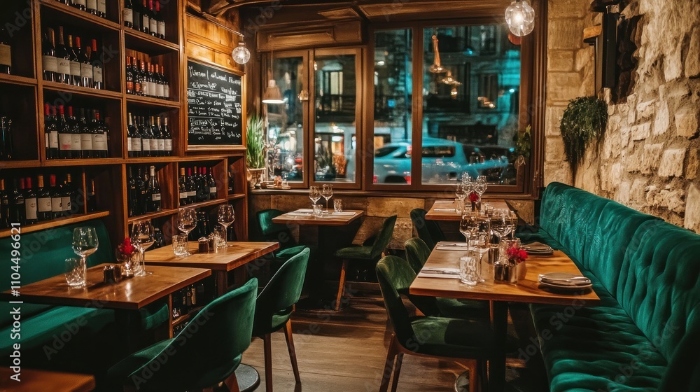 Cozy restaurant interior at night with wine shelves, tables, and teal velvet seating. Cozy restaurant interior at night with wine shelves, tables, and teal velvet seating.