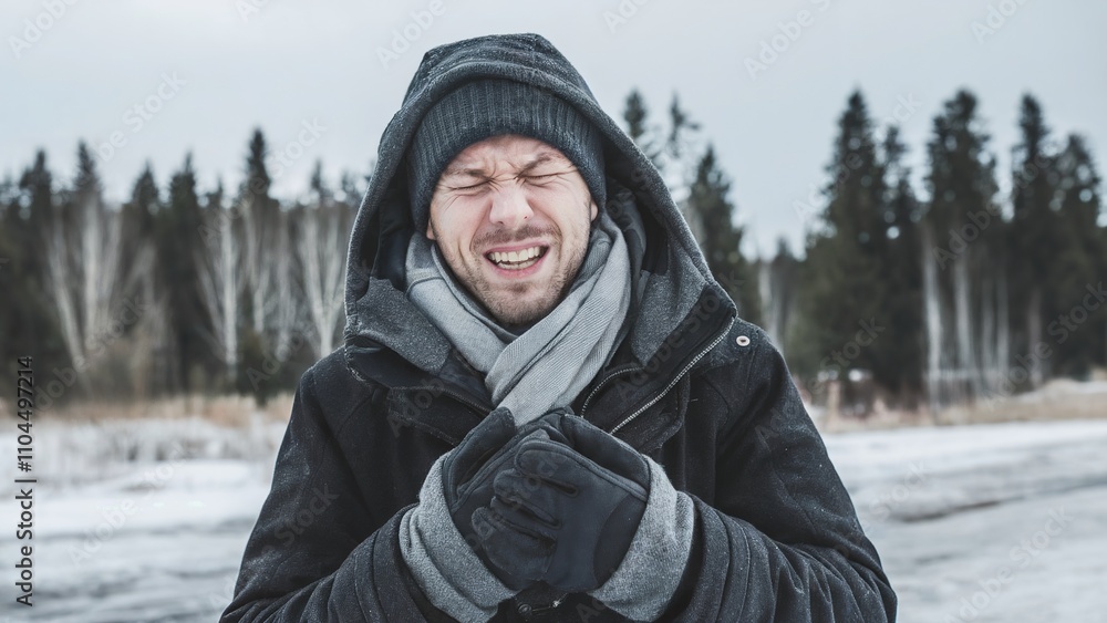 a man shivering in the cold. He is wearing a heavy coat, a scarf, and a hat a man shivering in the cold. He is wearing a heavy coat, a scarf, and a hat