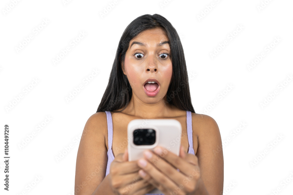 Latina Woman with Shocked Face Looking at Smart Phone, Eyes and Mouth Wide Open Latina Woman with Shocked Face Looking at Smart Phone, Eyes and Mouth Wide Open