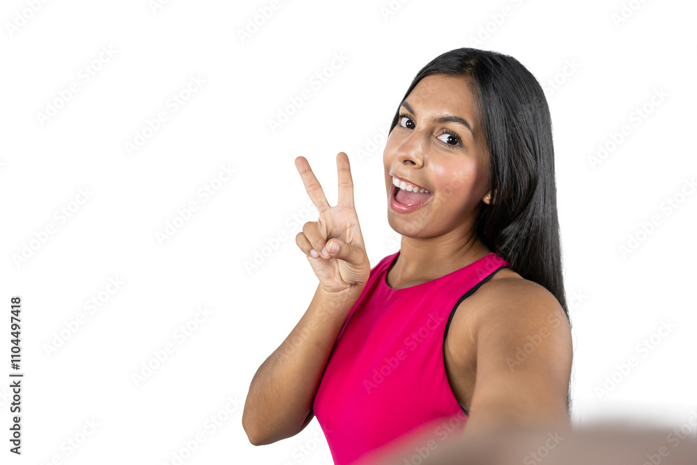 Smiling Mexican Woman Taking a Selfie in Studio with White Background. Concept of Happiness Smiling Mexican Woman Taking a Selfie in Studio with White Background. Concept of Happiness