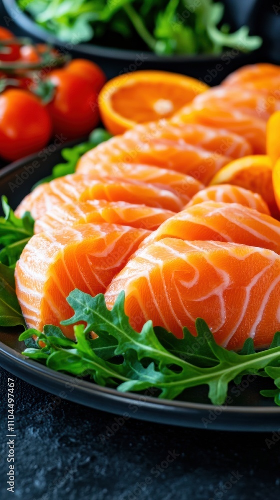 Fresh salmon slices on a bed of arugula with vibrant orange slices and cherry tomatoes, AI Fresh salmon slices on a bed of arugula with vibrant orange slices and cherry tomatoes, AI
