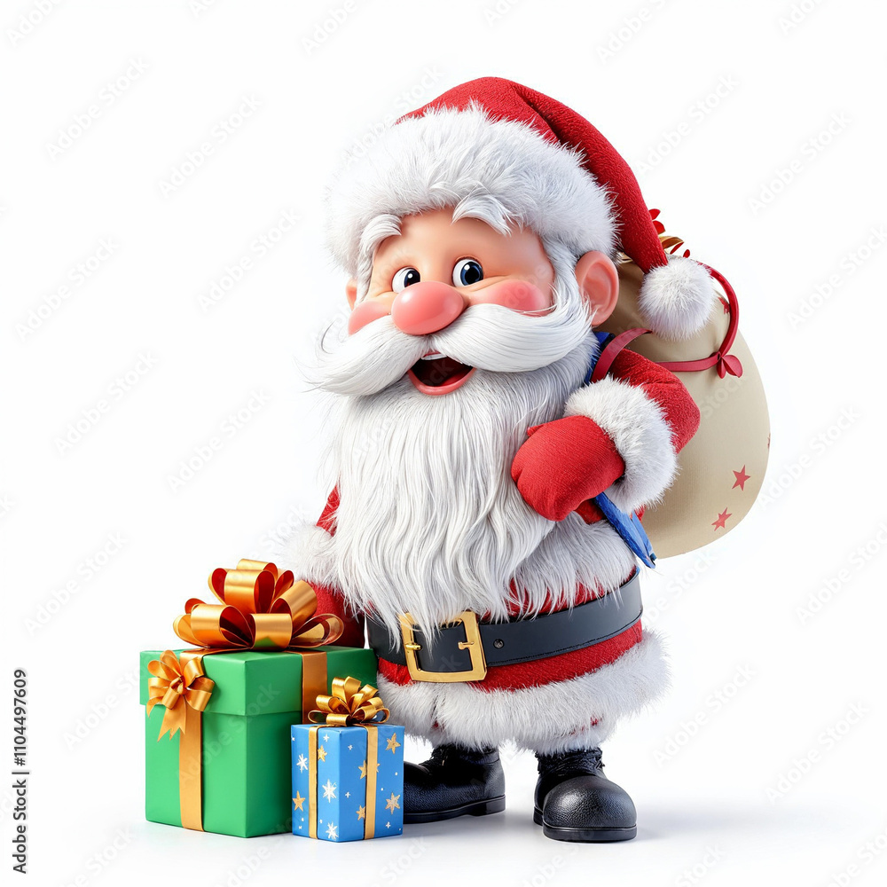 a 3d santa Claus with some gift boxs on white background a 3d santa Claus with some gift boxs on white background