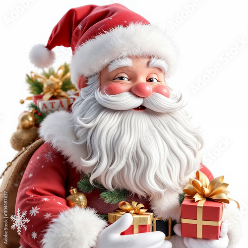 a 3d santa Claus with some gift boxs on white background