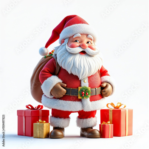 a 3d santa Claus with some gift boxs on white background