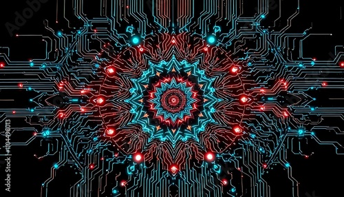 Neon Cybernetic Mandala - Art Nouveau Circuit Board Glitch Art photo