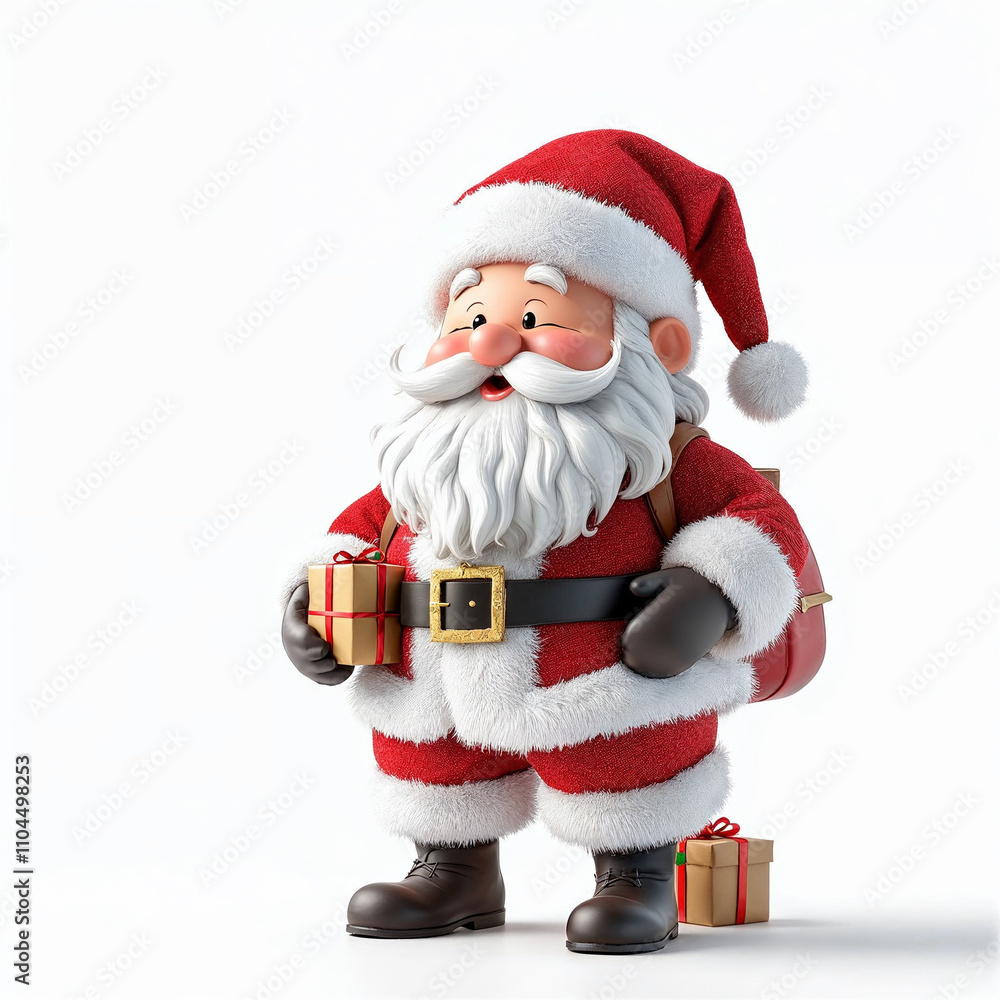 a 3d santa Claus with some gift boxs on white background