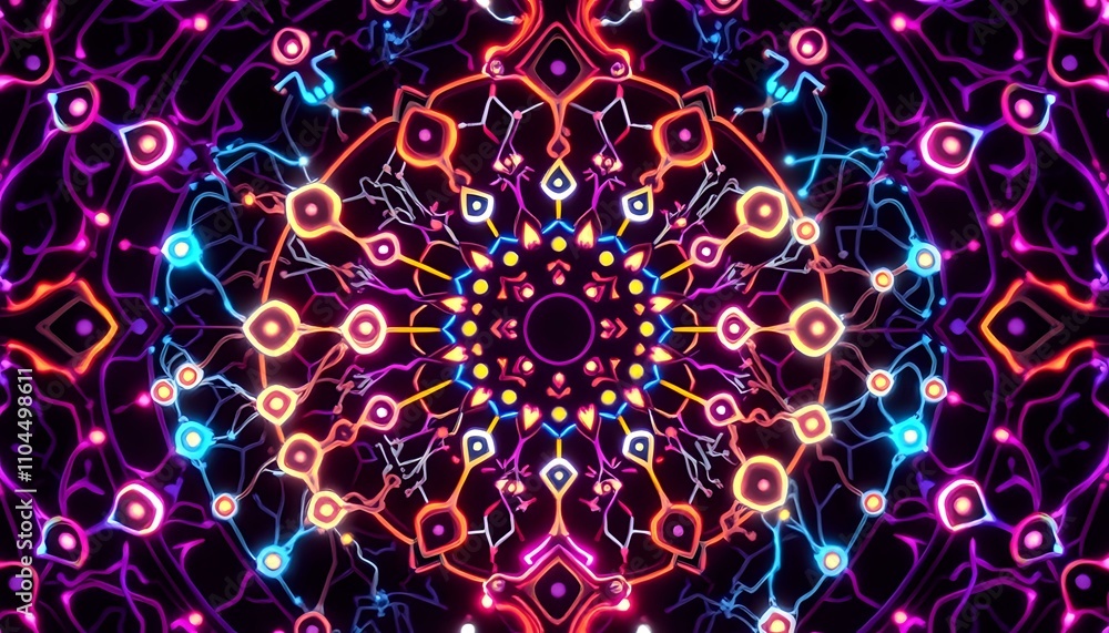 Neon Art Nouveau Evolution Chart Mandala - Glowing Cybernetic Design Neon Art Nouveau Evolution Chart Mandala - Glowing Cybernetic Design