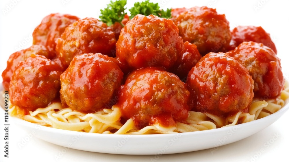 Delicious fettuccine, tossed in rich tomato sauce and topped with hearty meatballs, is beautifully captured in natural light against a bright background. Delicious fettuccine, tossed in rich tomato sauce and topped with hearty meatballs, is beautifully captured in natural light against a bright background.