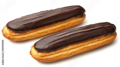 Delicious clairs with a chocolate glaze and cream make an elegant dessert presentation on a clean white background.