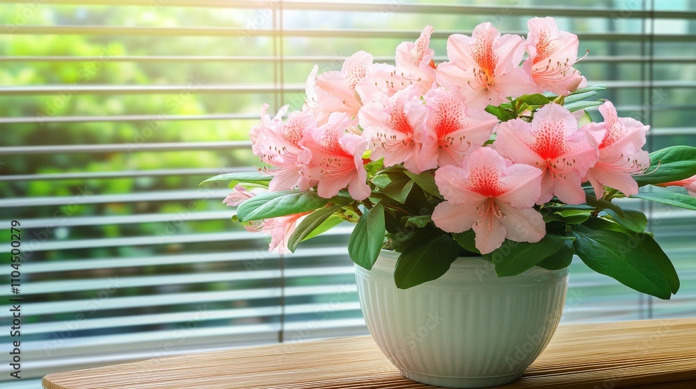 A delicate pink rhododendron flowers in a sleek white pot placed on a wooden table near a softly lit window adorned with blinds. A delicate pink rhododendron flowers in a sleek white pot placed on a wooden table near a softly lit window adorned with blinds.