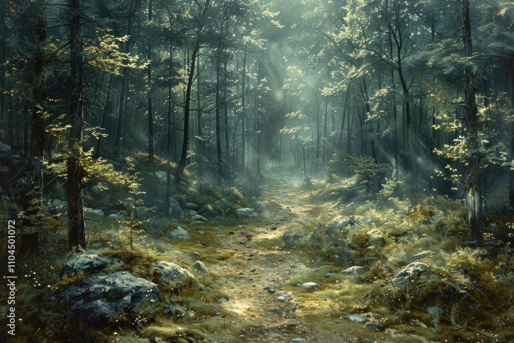Obraz premium forest path illuminated by soft light breaking through the treetops. 