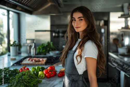 Female chef arranging fresh vegetables on kitchen counter, ready to prepare a healthy meal