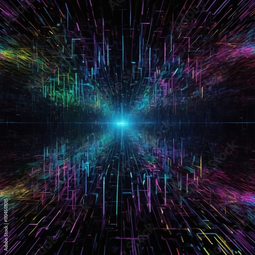 An abstract image visualizing digital chaos, featuring a dense web of glowing data streams, fragmented text, binary code, and colorful glitch effects