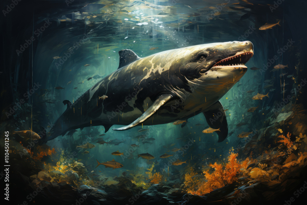 Fototapeta premium an underwater world with a large prehistoric predator resembling a megalodon. 