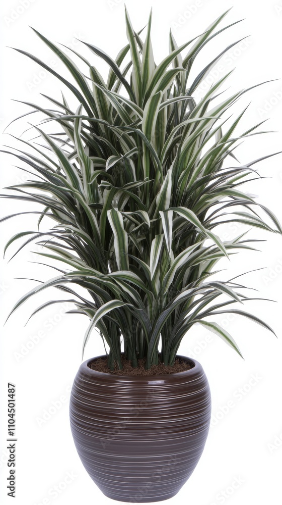 A lush green and white spider plant sits elegantly in a pot on a stylish sideboard, framed by a bright, minimalist background..A spider plant with its vibrant green and white leaves is beautifully A lush green and white spider plant sits elegantly in a pot on a stylish sideboard, framed by a bright, minimalist background..A spider plant with its vibrant green and white leaves is beautifully