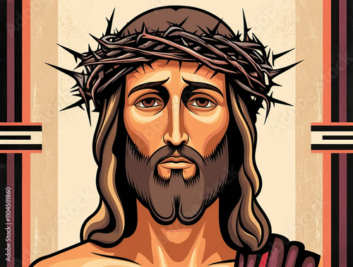 Jesus with crown of thorns, graphic portrait. Vector illustration
