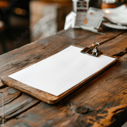 wooden table with rich texture and visible signs of use. There is a clipboard on the table with a blank white sheet of paper secured with a metal clip.  