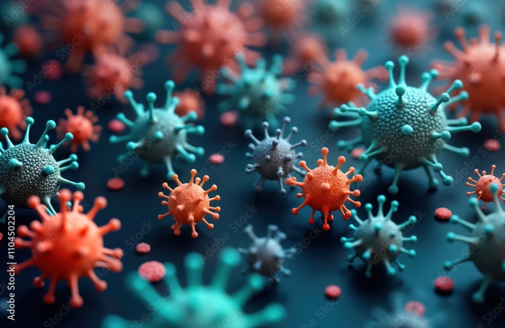 Abstract closeup view of different viruses. Colorful cellular structures, molecular interactions symbolize medical research. Vibrant visual represents biotechnology research, laboratory discoveries. Abstract closeup view of different viruses. Colorful cellular structures, molecular interactions symbolize medical research. Vibrant visual represents biotechnology research, laboratory discoveries.