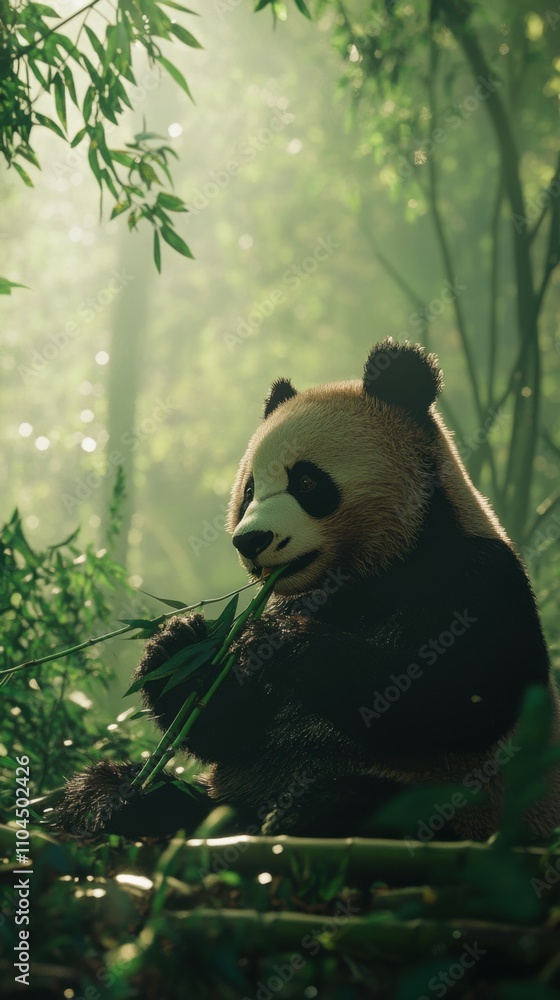 Adorable panda eating bamboo in a forest, soft green light, detailed fur, and bamboo textures Adorable panda eating bamboo in a forest, soft green light, detailed fur, and bamboo textures