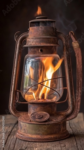 A shadowy oil lantern casting unsettling reflections on a dimly lit wall, ideal for generating a suspenseful mood in creative endeavors. photo