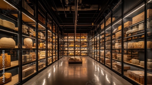 Precision-Crafted Museum Artifact Storage Facility: Architectural Photography Showcasing Environmental Control and Systematic Preservation Technologies with Dramatic Side Lighting.