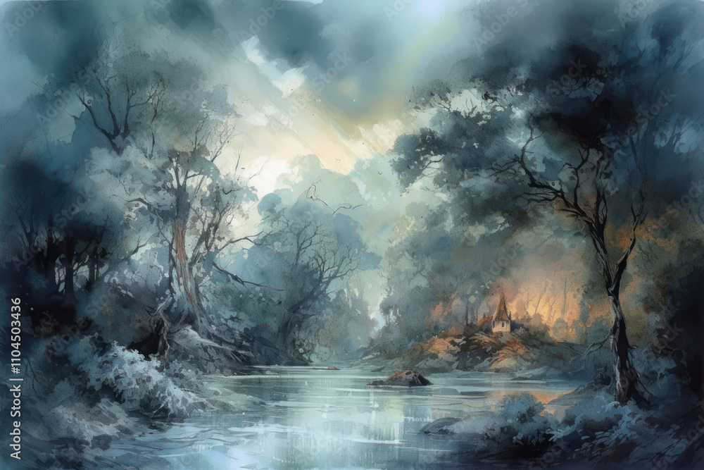 Fototapeta premium a mysterious forest landscape with a river flowing through the center of the scene. 