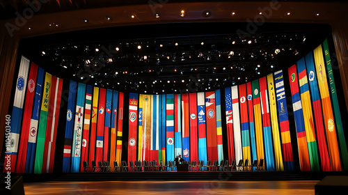 Panel discussion stage at World Economic Forum showcasing diverse national flags and seating arrangements for speakers