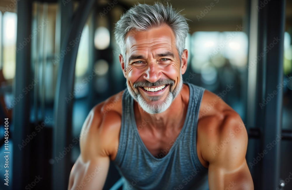 Senior man enjoys fitness routine in gym. Older male with gray hair smiles exercising. Happy, healthy. Active lifestyle for seniors. Physical strength, wellness. Retirement, fitness. Workout in Senior man enjoys fitness routine in gym. Older male with gray hair smiles exercising. Happy, healthy. Active lifestyle for seniors. Physical strength, wellness. Retirement, fitness. Workout in