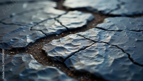 Closeup view of textured slate rock surface. Natural patterns, rock texture highlighted. Intricate details show in rock formations. Suitable for geological themes natural backgrounds. Design ideas photo